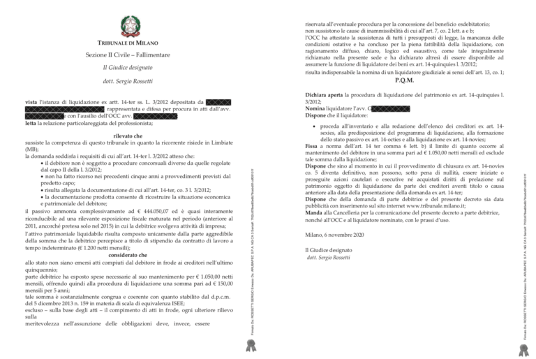 Caso di successo di Legge3_it Debito con Equitalia ridotto del 98% Da 443000 € a soli 9750 € - tribunale di Milano