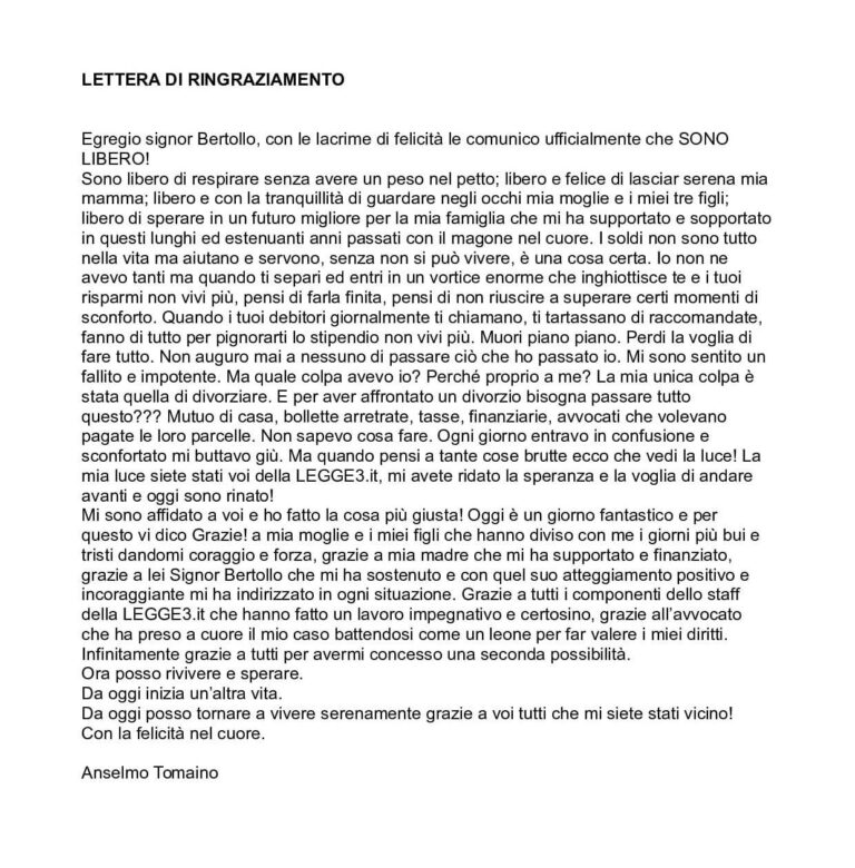 lettera di ringraziamento di anselmo da Trapani che si è liberato dai debiti con la legge 3 del 2012